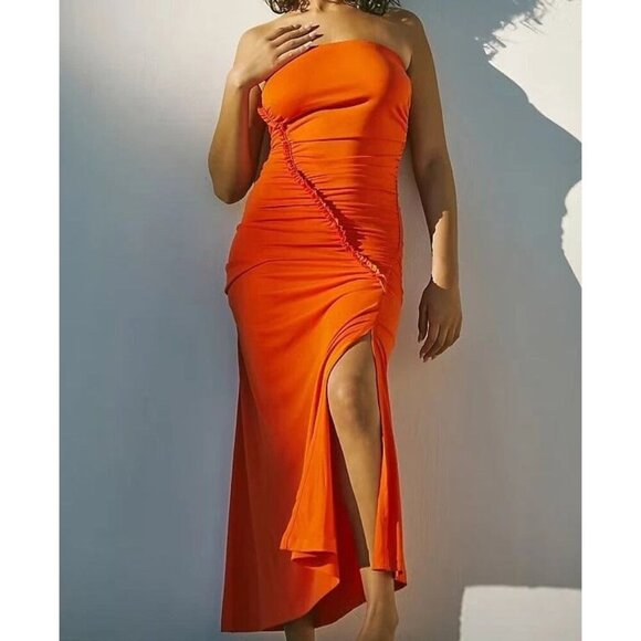 Anthropologie The Gabbie Terra Cotta Strapless Ruched Tube Midi Dress Size Small - Picture 1 of 17